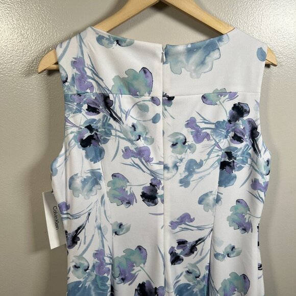 Calvin Klein Side Pleated Sheath Floral Dress Size 14 Blue Wedding Guest Church - Picture 8 of 11